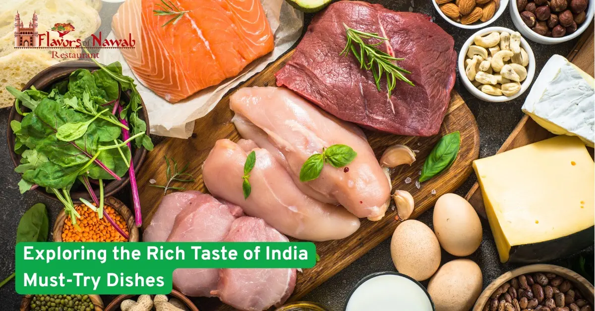 Assorted meats,vegetables,and spices arranged on a wooden board showcasing the authentic flavor of traditional Indian cuisine