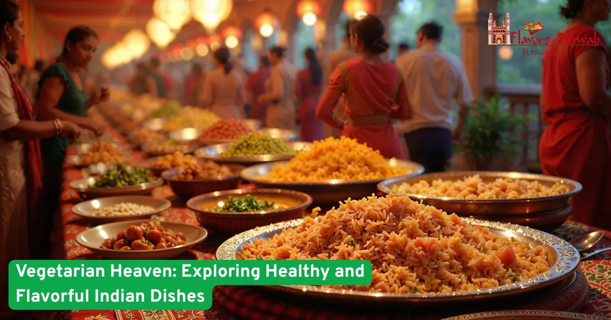 Colorful Indian vegetarian dishes arranged on a buffet table as people serve themselves in a lively warm dining area setting