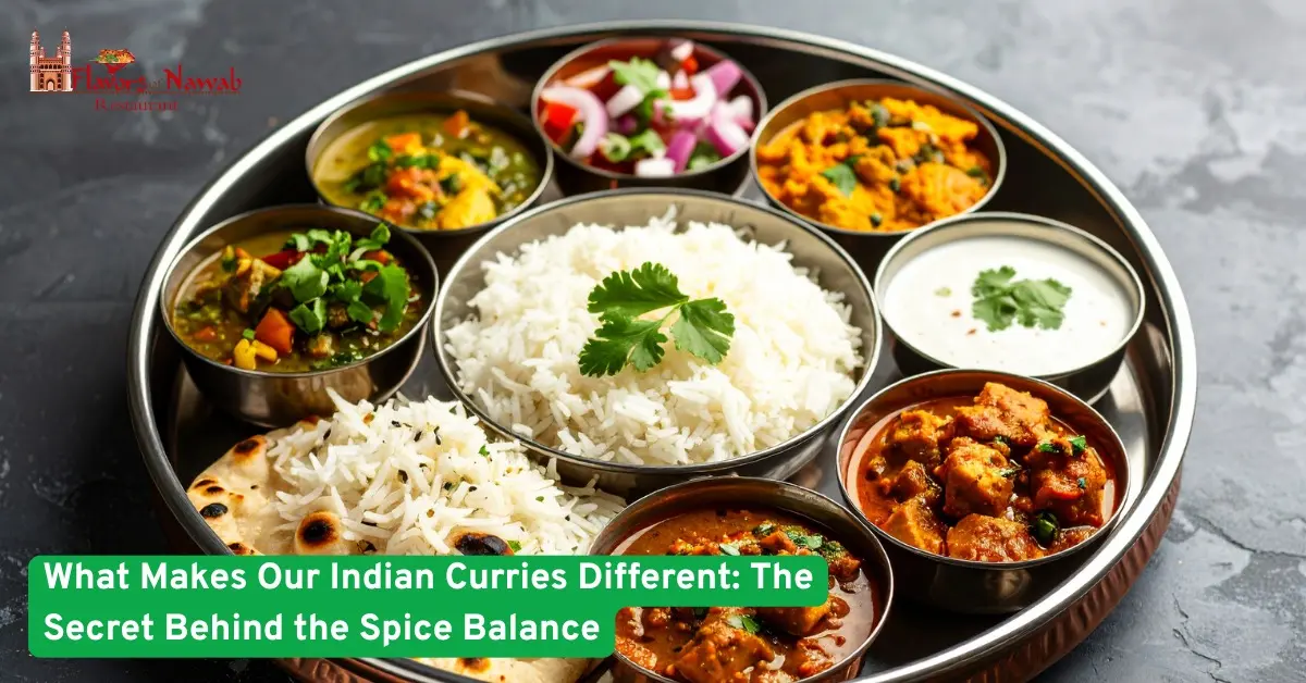 A traditional Indian thali featuring rice, curries, naan, and yogurt served in small bowls on a metal platter.