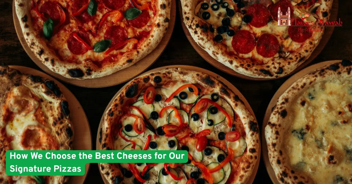 Assorted freshly baked pizzas topped with premium cheeses, showcasing how we select the best cheese for our signature pizzas