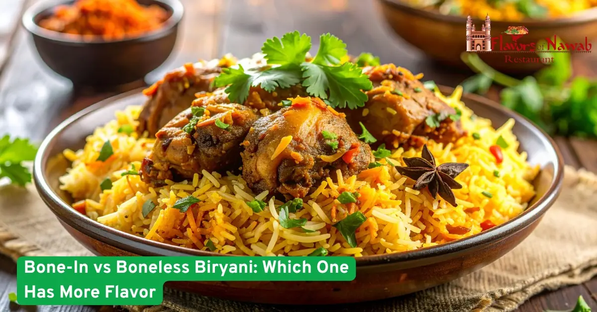 Bone in biryani served with aromatic basmati rice spices and herbs showing rich texture flavor and traditional South Asian cooking