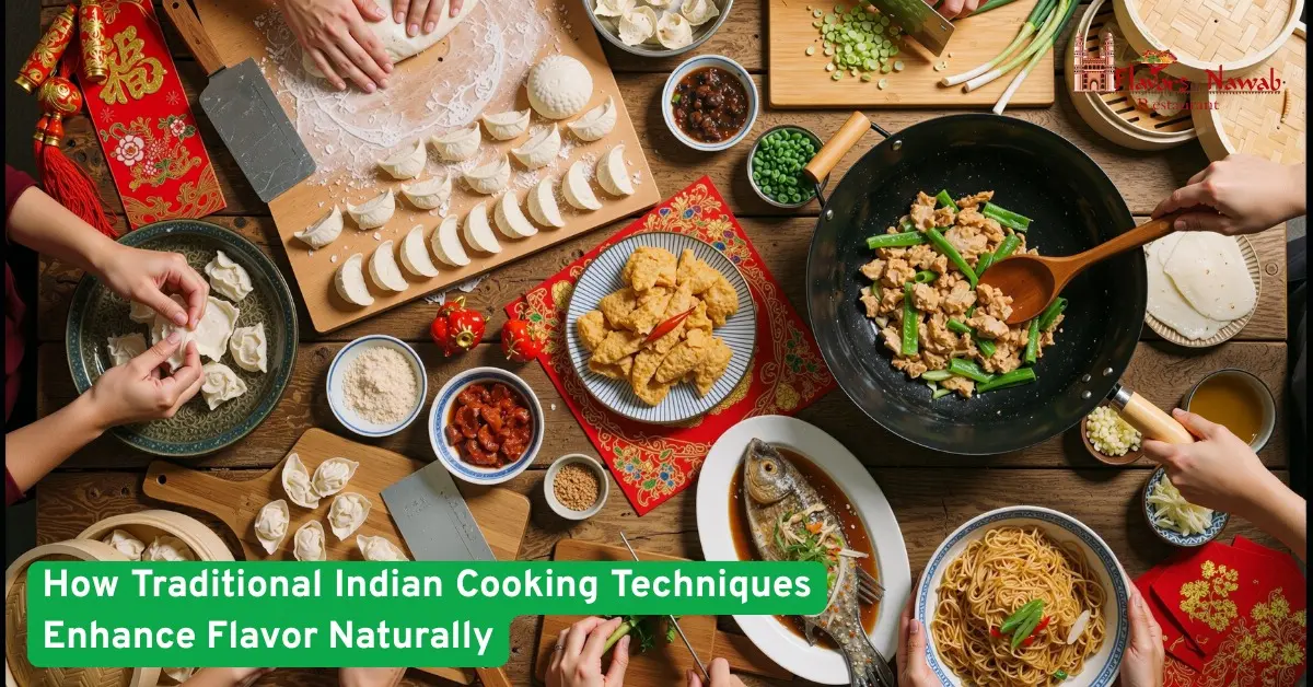 Traditional Indian cooking scene with handmade dumplings spices stir fry and classic techniques enhancing natural flavors
