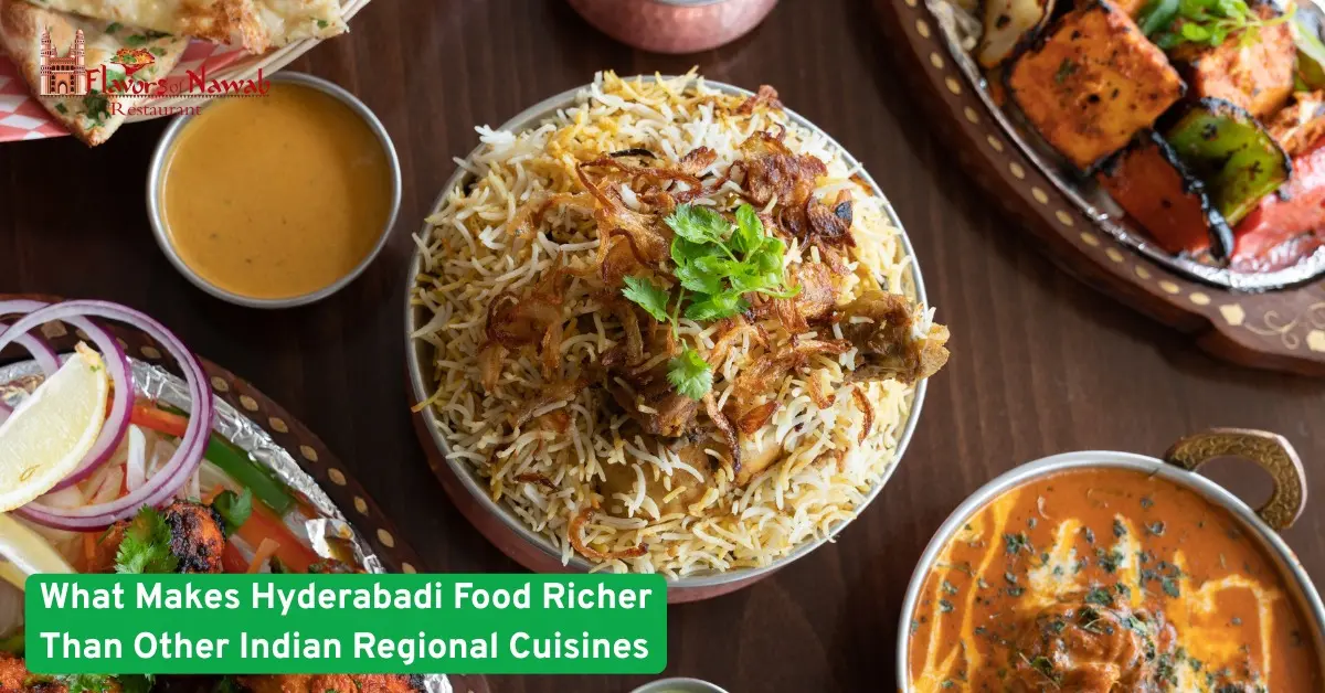Hyderabadi biryani with rice meat and spices served with curries and kebabs, showcasing rich traditional Hyderabadi cuisines