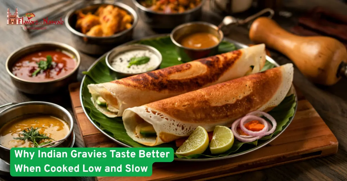 Indian dosa served with rich gravies and chutneys, showcasing traditional slow-cooked Indian sauces with deep flavor and aroma